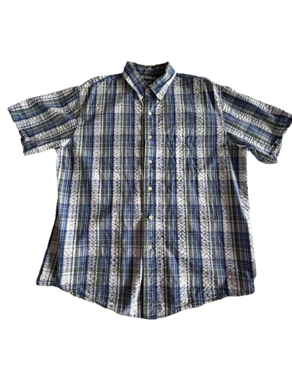 IZOD Shirt Mens Large Seersucker Plaid Short Sleeve Button Up Casual Cotton